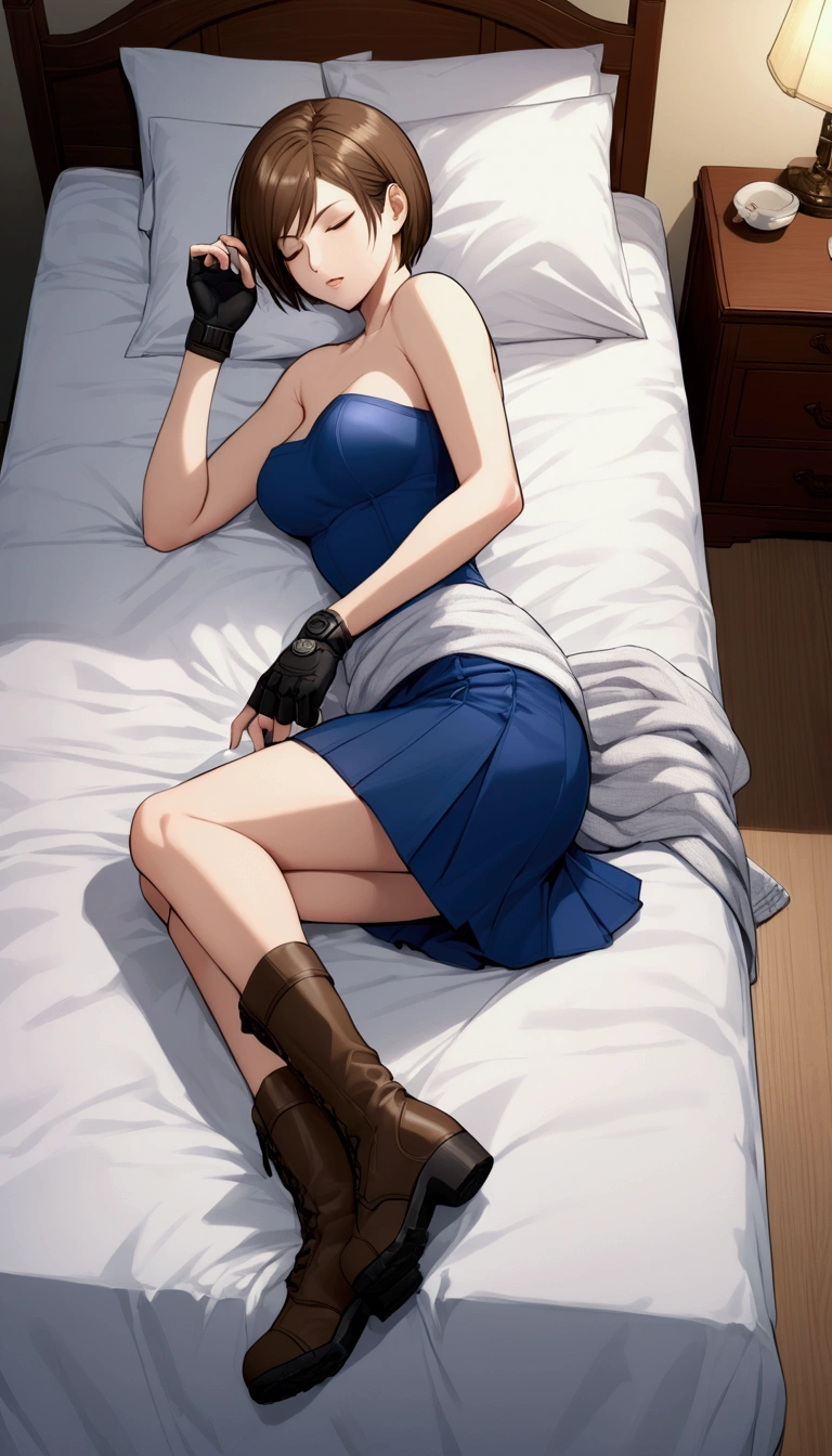 pretty asian woman ,Jill valentine,Resident evil, JillRE3, brown hair, short hair, bob cut), lying down on bed, lying on flat, sleep with turning face up, sleeping, closed eyes, wears blue strapless, white clothes around waist, black pencil skirt, fingerless gloves, brown combat boots ,BREAK, ((masterpiece:1.2), (best quality:1.2), (very aesthetic:1.2), (absurdres:1.2), (detailed background),intricate details, newest), (1girl, solo, full body), (japanese anime style), 