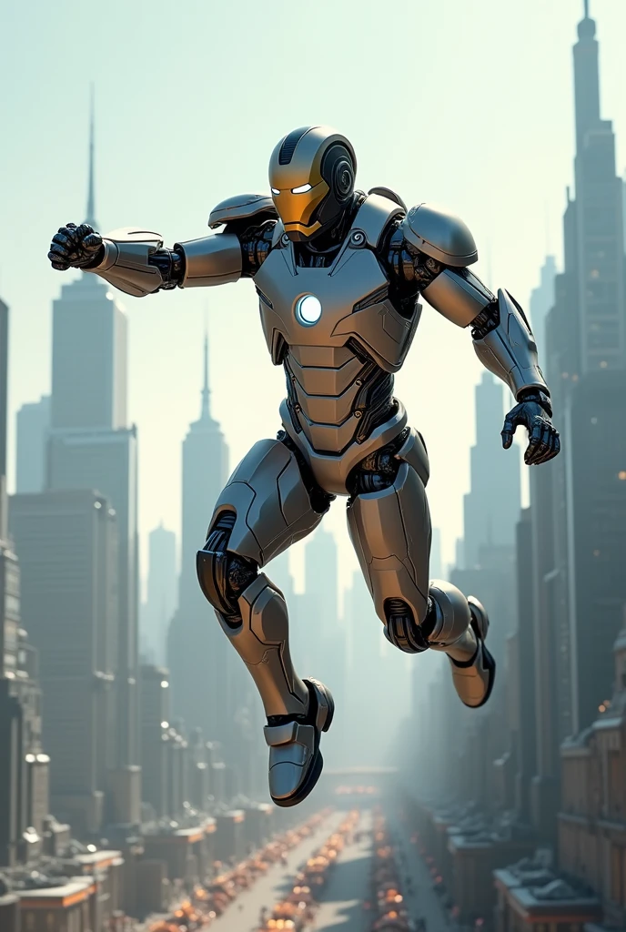 Masterpiece, ironman full body jumps and punchswearing futuristic steampunk robotic suit back ground blur futuristic city, hyper realistic, hyper detailed mechanical, clean sharp image, 16K, HD, High Quality