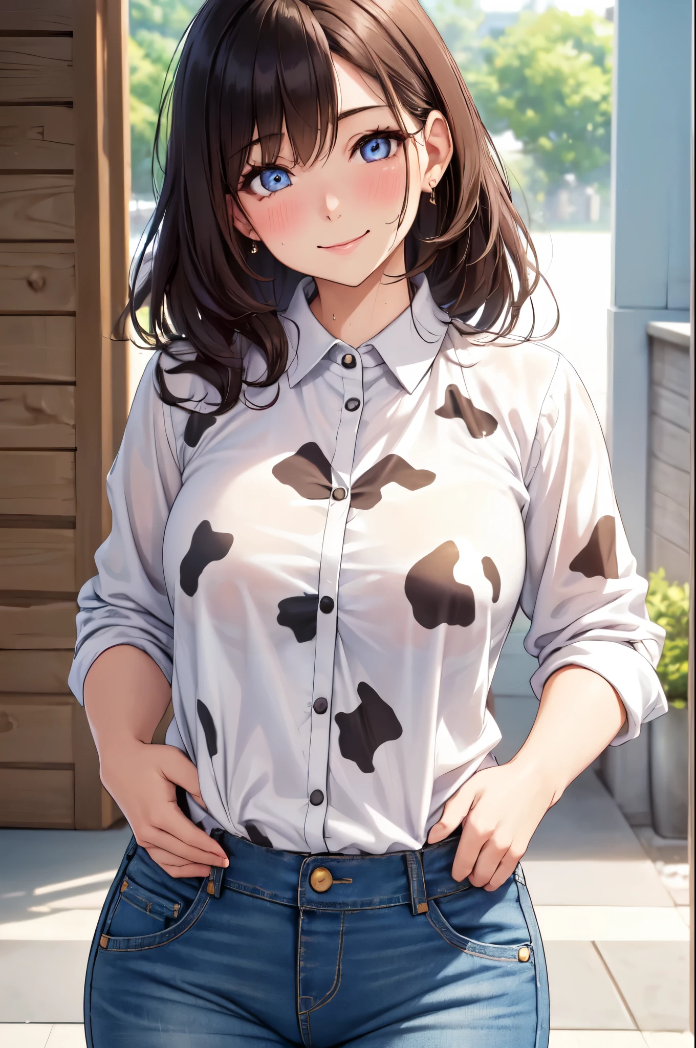 (High quality, High resolution, Fine details), (woman in Shirt with cow print), (cow print Shirt), Short denim, solo, curvy adult women, sparkling eyes, (Detailed eyes:1.2), smile, blush, Sweat, Oily skin, pastel colors, Soft tones, shallow depth of field