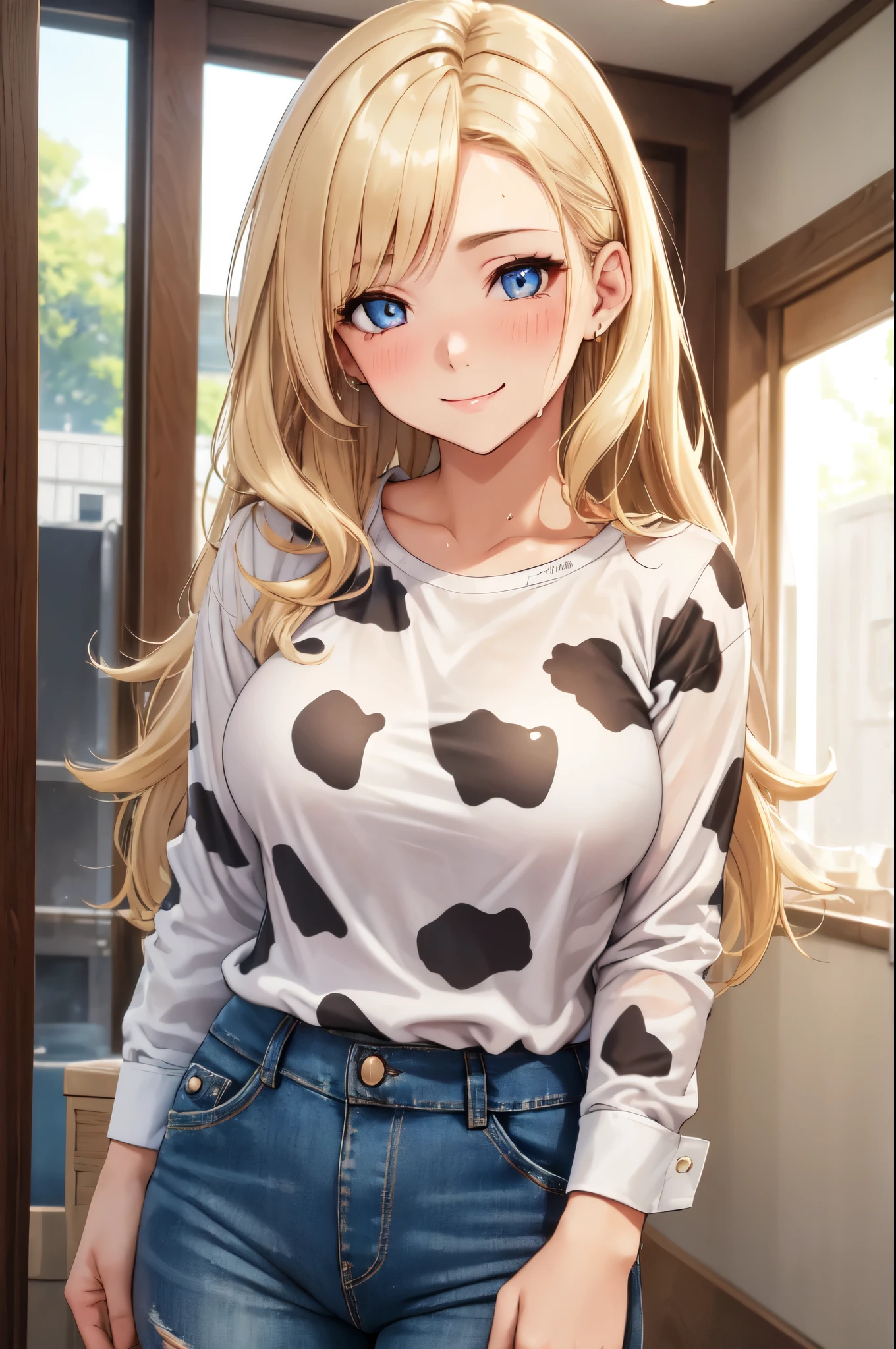 (High quality, High resolution, Fine details), (woman in Shirt with cow print), (cow print Shirt), Short denim, solo, curvy adult women, blonde hair, sparkling eyes, (Detailed eyes:1.2), smile, blush, Sweat, Oily skin, pastel colors, Soft tones, shallow depth of field