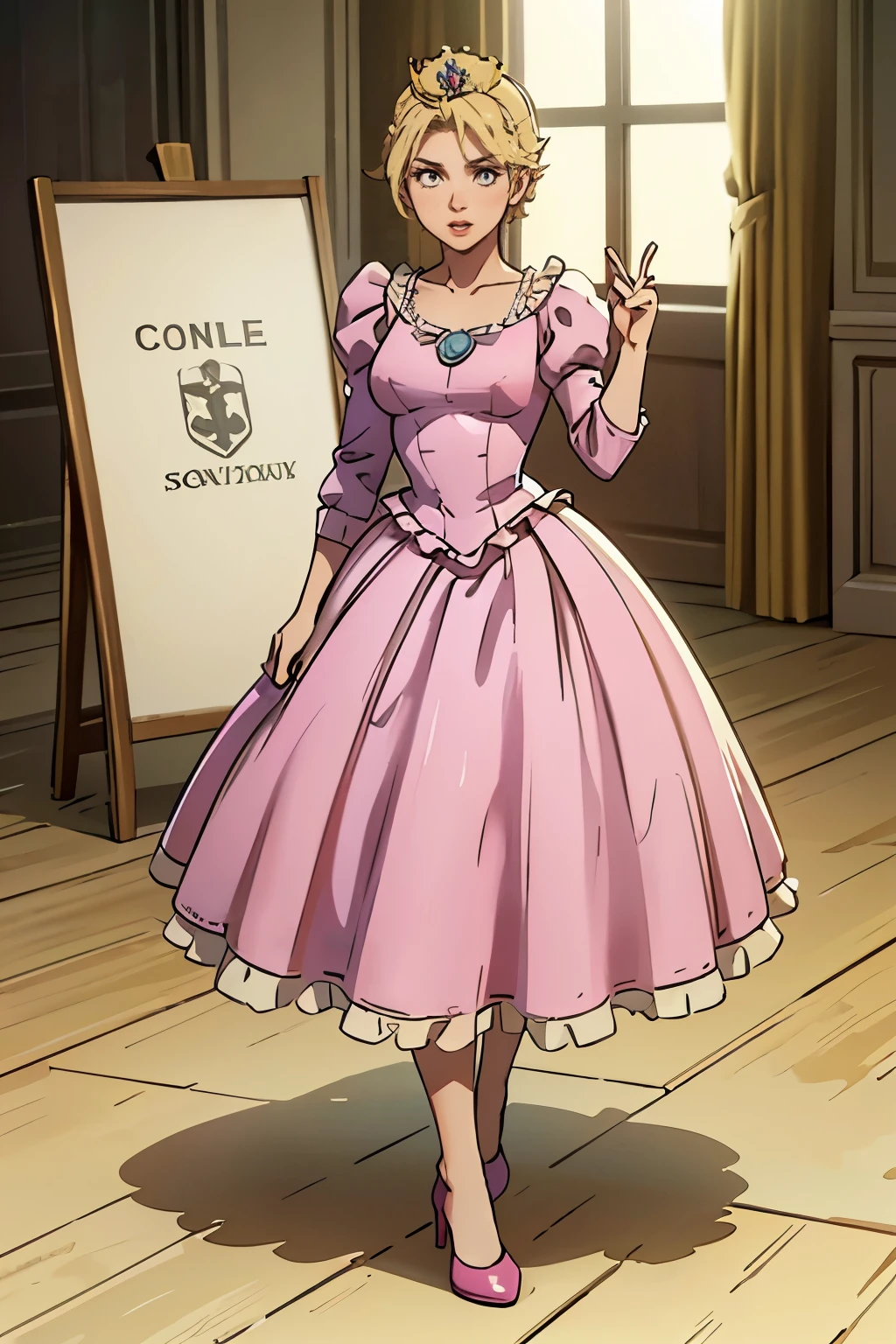 (masterpiece, best quality:1.3)MortalSonyaBlade, 1girl, solo, blonde hair, wearing a poofy pink ruffled princess dress, princess crown, inside a empty castle, full body, high heels, white petticoats underneath dress