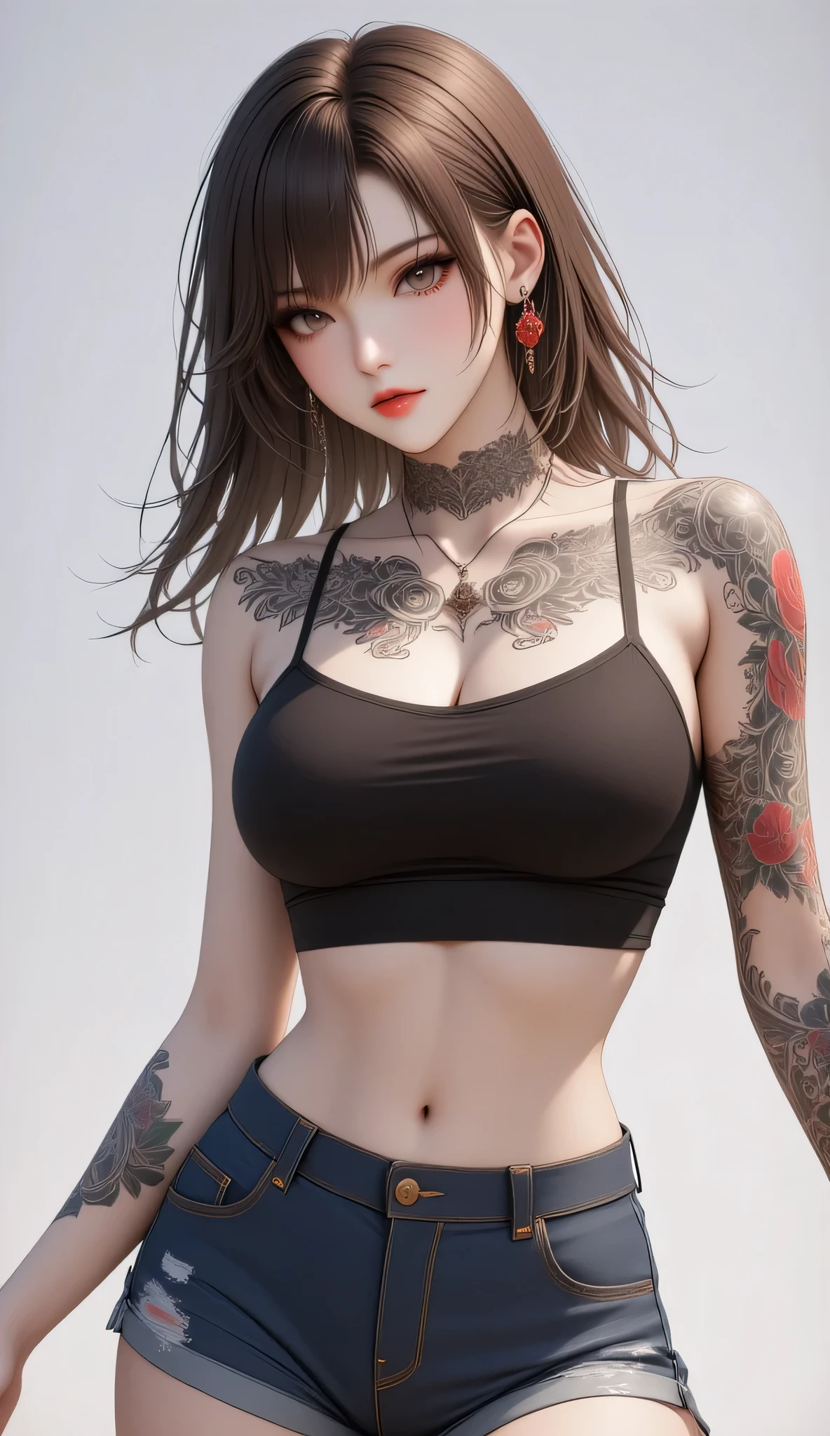 1girl, crop top overhang, shorts denim, tattoo, full-body tattoos 