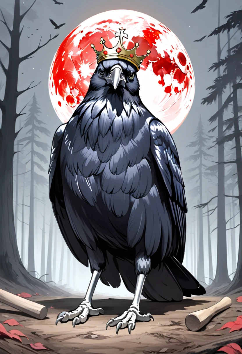 Crow, duskull, dusk, Crows fall all over the ground, dark forest, communism, Utopia, the souls of the dead, giant red moon, frightening \(Clean\), Crown, 
best quality, good quality, highres, masterpiece, 
