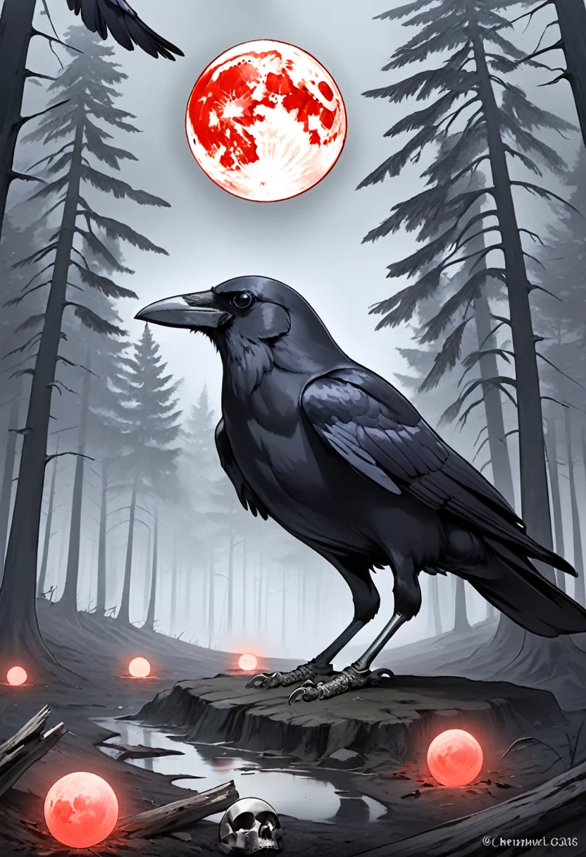 Crow, duskull, dusk, Crows fall all over the ground, dark forest, communism, Utopia, the souls of the dead, giant red moon, frightening \(Clean\), Crown, 
best quality, good quality, highres, masterpiece, 
