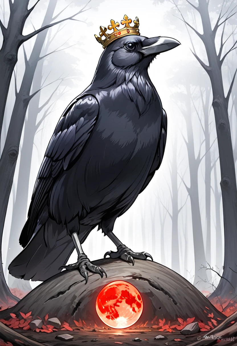 Crow, duskull, dusk, Crows fall all over the ground, dark forest, communism, Utopia, the souls of the dead, giant red moon, frightening \(Clean\), Crown, 
best quality, good quality, highres, masterpiece, 
