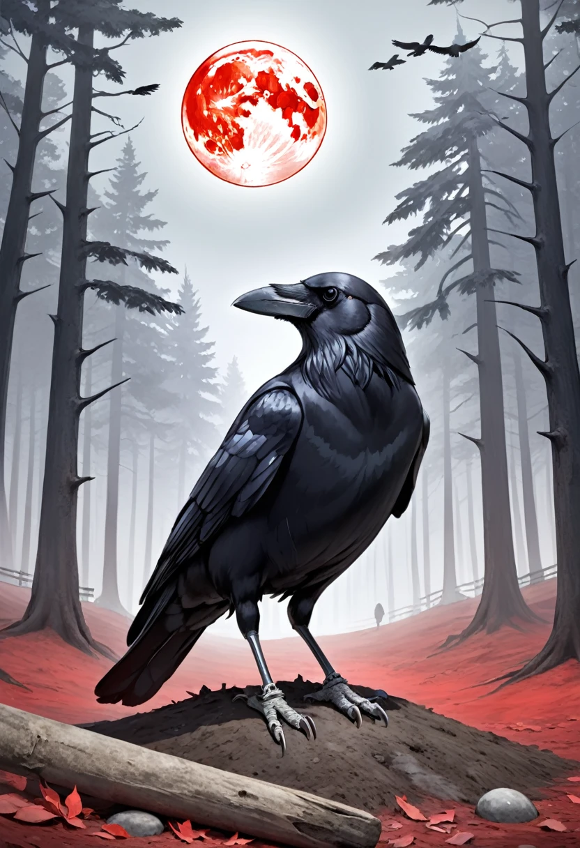 Crow, duskull, dusk, Crows fall all over the ground, dark forest, communism, Utopia, the souls of the dead, giant red moon, frightening \(Clean\), Crown, 
best quality, good quality, highres, masterpiece, 
