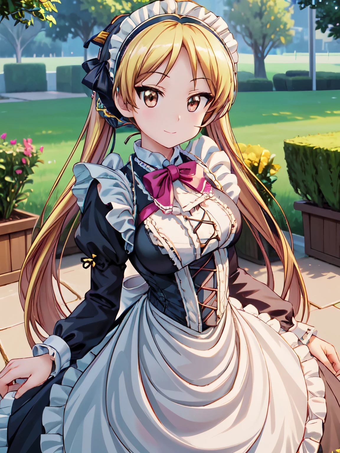 masterpiece、Best Quality、One Girl、Smiling、solo、garden、grassland、Standing、High resolution、Rin Suzunok、Closed Mouth、smile、Long Hair、Attractive eyes、Hairbands、Hair Ribbon、brooch、(victorian maid outfit:1.5)、Beautiful thighs、Beautiful Eyes、Sharp pupils、High resolution、High resolution、super fine painting, 