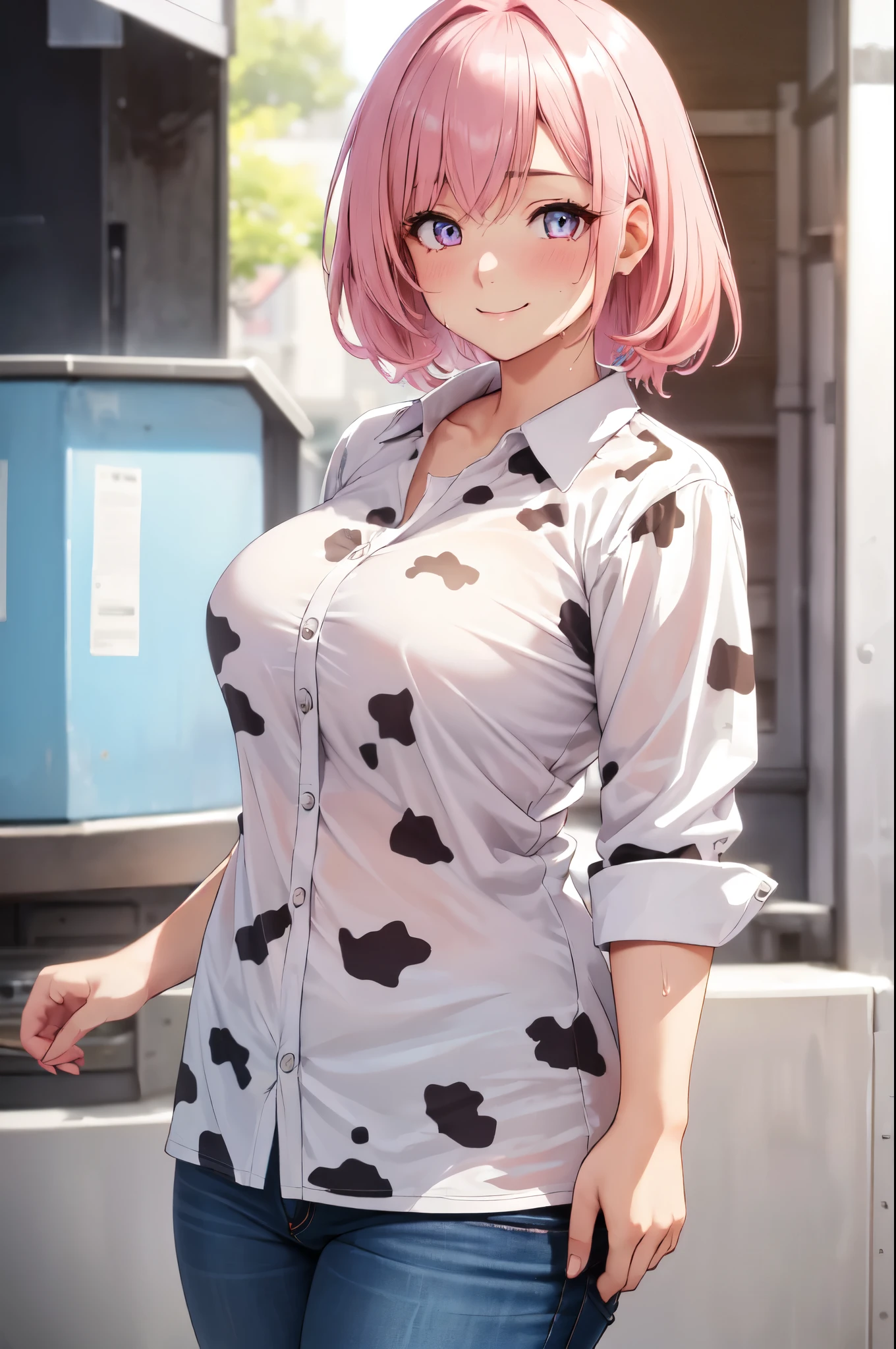 (High quality, High resolution, Fine details), (woman in Shirt with cow print), (cow print Shirt), Short denim, solo, curvy adult women, pink hair, sparkling eyes, (Detailed eyes:1.2), smile, blush, Sweat, Oily skin, pastel colors, Soft tones, shallow depth of field