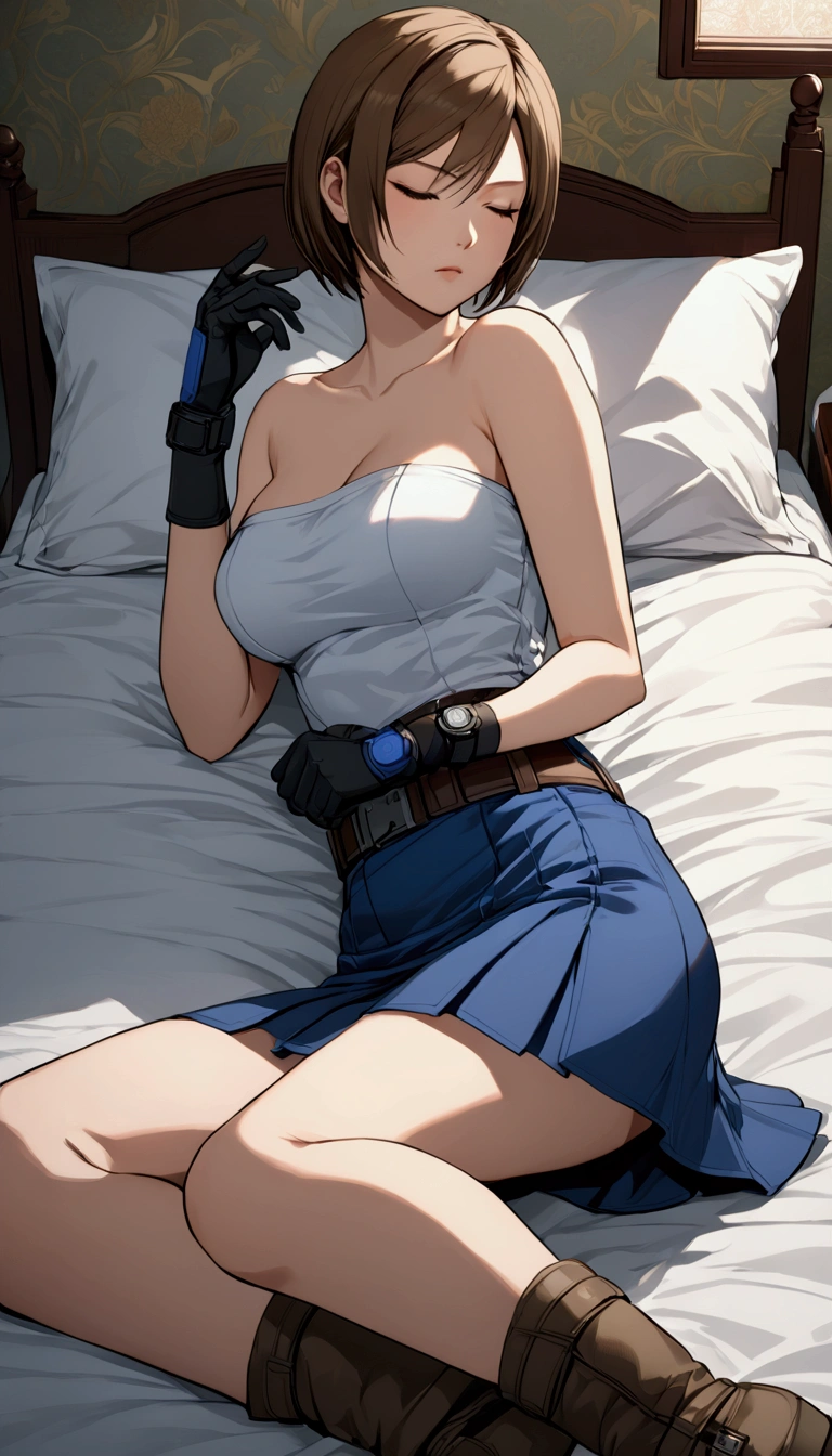 pretty asian woman ,Jill valentine,Resident evil, JillRE3, brown hair, short hair, bob cut), lying down on bed, lying on flat, sleep with turning face up, sleeping, closed eyes, wears blue strapless, white clothes around waist, black pencil skirt, fingerless gloves, brown combat boots ,BREAK, ((masterpiece:1.2), (best quality:1.2), (very aesthetic:1.2), (absurdres:1.2), (detailed background),intricate details, newest), (1girl, solo, full body), (japanese anime style), 