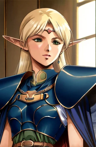 (masterpiece, Best Quality, Very detailed:1.5) , ((portrait, top))Break 1 Girl, Solo Focus,Classic Deedlit, Pointy Ears, Blonde, Long Hair, Elf, Circlet, Green Eyes, long Pointy Ears, very Long Hair, chest, medium chest, Earrings, lips, compensate, bangs, Cape, armor, blue Cape, shoulder armor, Pauldron, gloves, Breastplate, belt, Green Dress, Short dress,