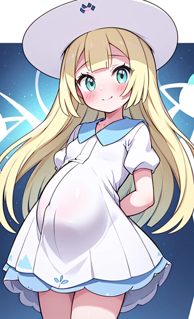 masterpiece,best quality,1 girl,Alone,blush with embarrassment,lillie,Pokémon,White Pleated Dresses,White clothes with light blue collar,Pokémon-style art,(boldline:1.6),(deluster:1.5),(flat:1.5),White wide-brimmed hat, pregnant, pregnancy, pregnant belly, embarazada, smile. 