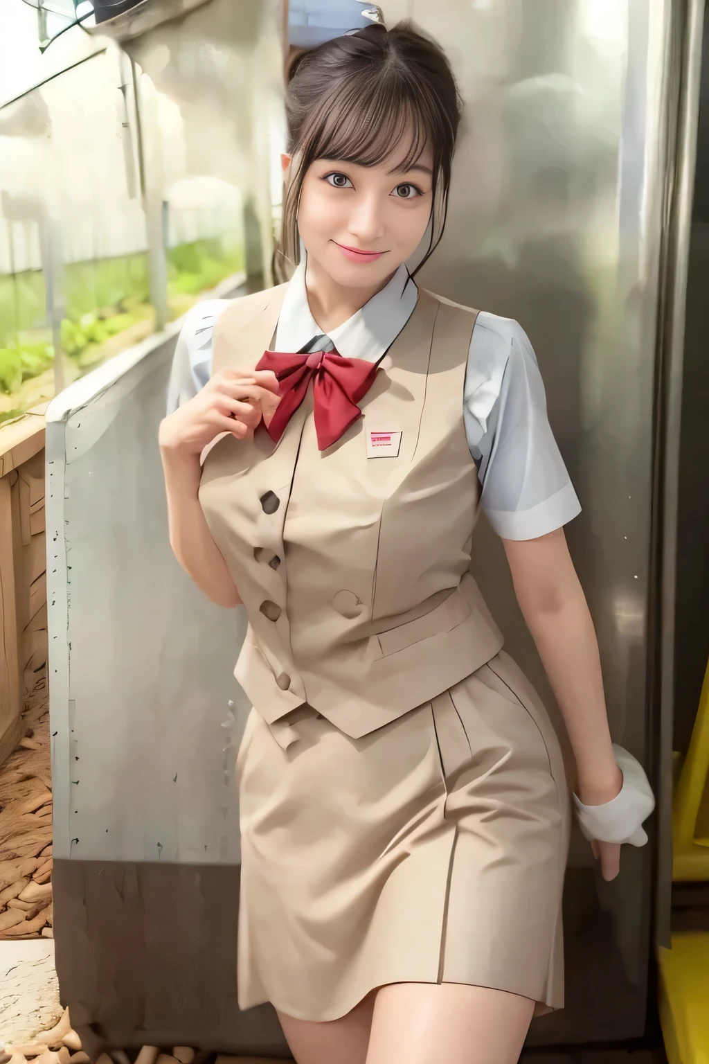 (masterpiece:1.2, Best Quality:1.2), 32K HDR, High resolution, (Alone、1 girl)、（On the roof of a building during the day、Professional Lighting）、Building rooftop background、（Real style of JR Woman wearing train crew uniform beige）、（（JR Female Train Crew Uniform Beige Light Blue Blouse Short Sleeve 、 Knee-length culottes skirt、Beige vest、scarf））、Dark brown hair、（Long Hair、Hair tied up、Hair tied up）、Dark brown hair、Long Shot、Big Breasts、Thin legs、（（Great hands：2.0）），（（Harmonious body proportions：1.5）），（（Normal limbs：2.0）），（（Normal finger：2.0）），（（Delicate eyes：2.0）），（（Normal eyes：2.0））)、smile、（JR Woman Train crew uniform beigeのKnee-length culottes skirtを見せた美しい立ち姿）、Hands down