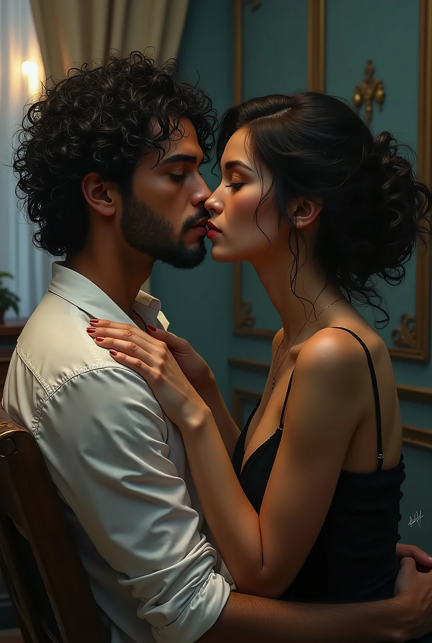Geto Suguro of 1,90 he is very handsome with a messy samurai half bun, long hair, kissing woman 1,67 cm and curly hair and brown skin, grabbing each other on the bathroom floor and his hand on her ass