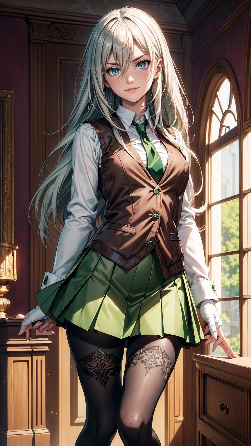 Ultra High Quality, Hyper Definition, Hyper Quality, Hyper Detailed, Extremely Detailed, Perfectly Detailed, Best image quality、masterpiece、woman((20-year-old、super dynamic pose , legs bent at the knees, Green solid eyes, Perfect Detailed Eyes, Silver long Hair、Disheveled Hair、Long White Hair、thin,Fingerless Glove、Green Skirt, Tights, Smirk like a villain、Brown School Vest , Dressed in school)),high quality、Beautiful art、background((Inside the mansion))、symmetric, Written boundary depth、 movie、Visual Arts、Perfect art、8K,Genuine
