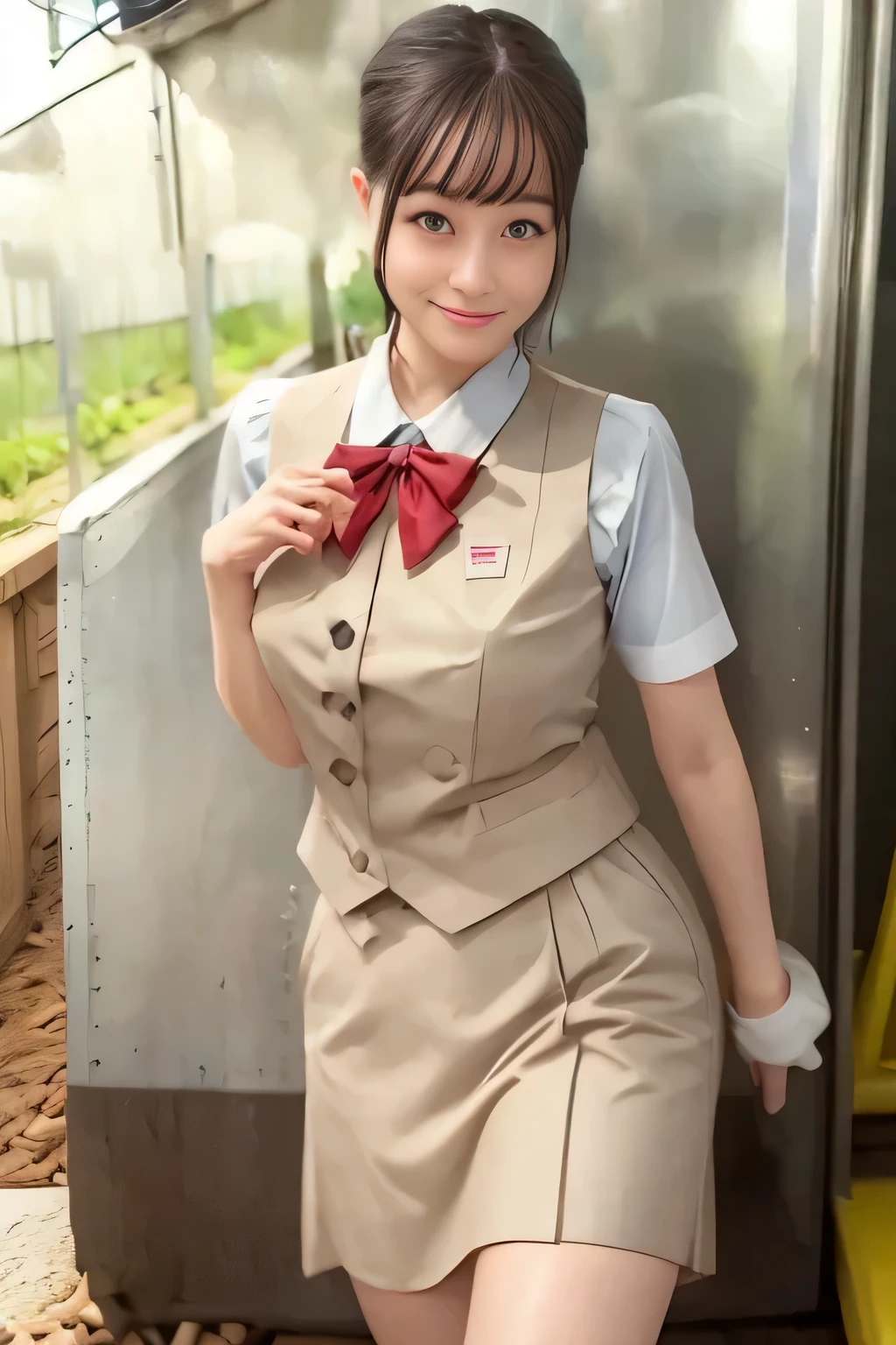 (masterpiece:1.2, Best Quality:1.2), 32K HDR, High resolution, (Alone、1 girl)、（On the roof of a building during the day、Professional Lighting）、Building rooftop background、（Real style of JR Woman wearing train crew uniform beige）、（（JR Female Train Crew Uniform Beige Light Blue Blouse Short Sleeve 、 Knee-length culottes skirt、Beige vest、scarf））、Dark brown hair、（Long Hair、Hair tied up、Hair tied up）、Dark brown hair、Long Shot、Big Breasts、Thin legs、（（Great hands：2.0）），（（Harmonious body proportions：1.5）），（（Normal limbs：2.0）），（（Normal finger：2.0）），（（Delicate eyes：2.0）），（（Normal eyes：2.0））)、smile、（JR Woman Train crew uniform beigeのKnee-length culottes skirtを見せた美しい立ち姿）、Hands down