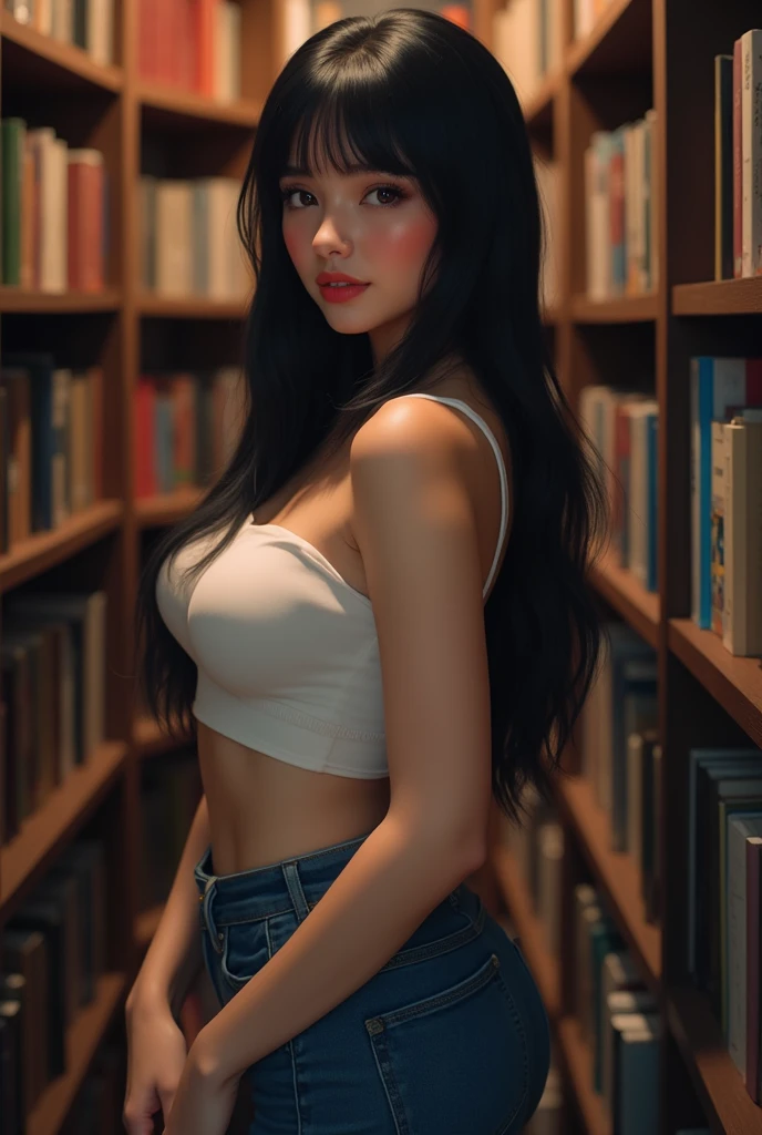 1girl in, age 20, Square face, Long hair, Looking at Viewer, jewelry, Realistic, A sexy, office outfits, multicolored outfits, Library background, free pose