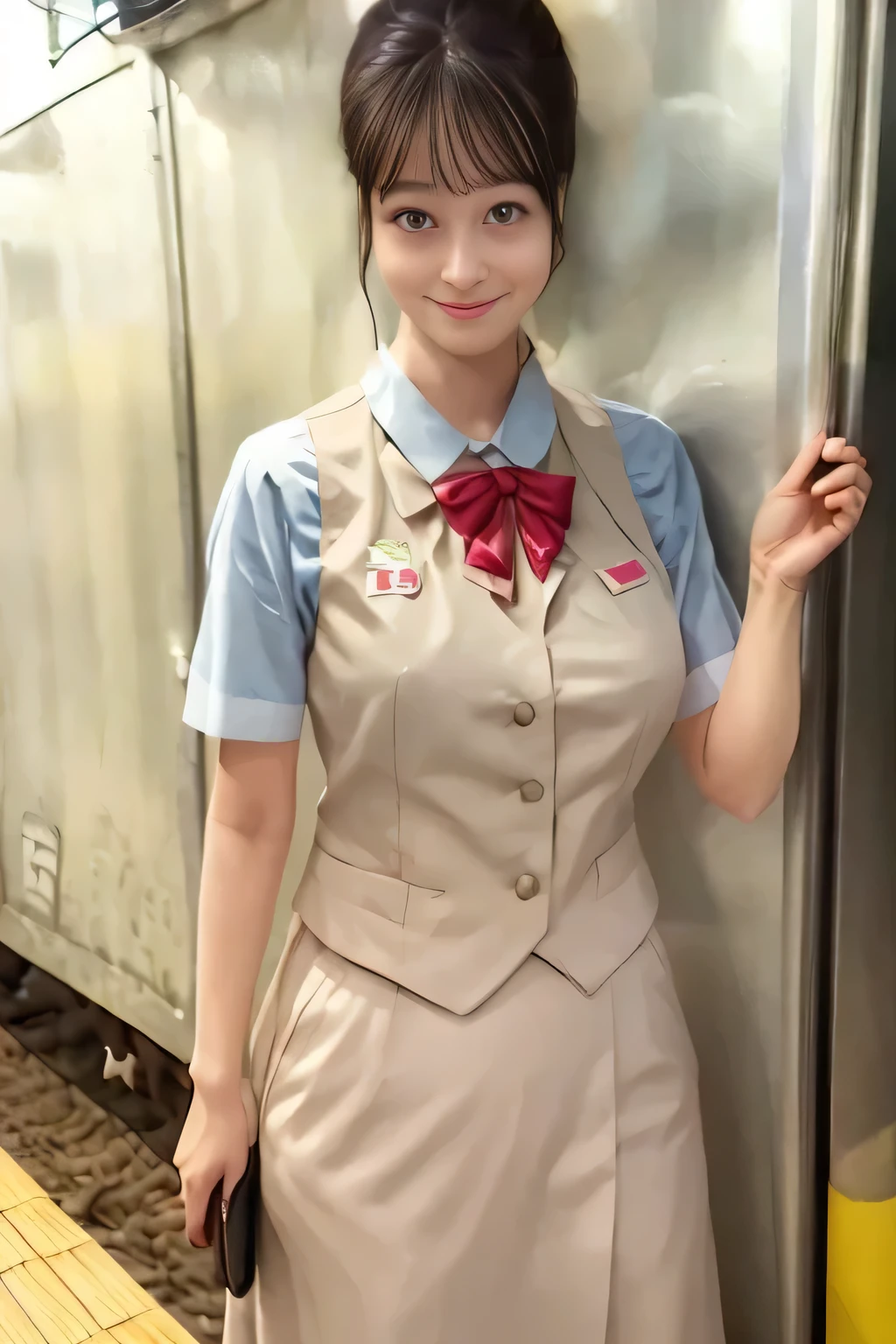 (masterpiece:1.2, Best Quality:1.2), 32K HDR, High resolution, (Alone、1 girl)、（On the roof of a building during the day、Professional Lighting）、Building rooftop background、（Real style of JR Woman wearing train crew uniform beige）、（（JR Female Train Crew Uniform Beige Light Blue Blouse Short Sleeve 、 Knee-length culottes skirt、Beige vest、scarf））、Dark brown hair、（Long Hair、Hair tied up、Hair tied up）、Dark brown hair、Long Shot、Big Breasts、Thin legs、（（Great hands：2.0）），（（Harmonious body proportions：1.5）），（（Normal limbs：2.0）），（（Normal finger：2.0）），（（Delicate eyes：2.0）），（（Normal eyes：2.0））)、smile、（JR Woman Train crew uniform beigeのKnee-length culottes skirtを見せた美しい立ち姿）、Hands down