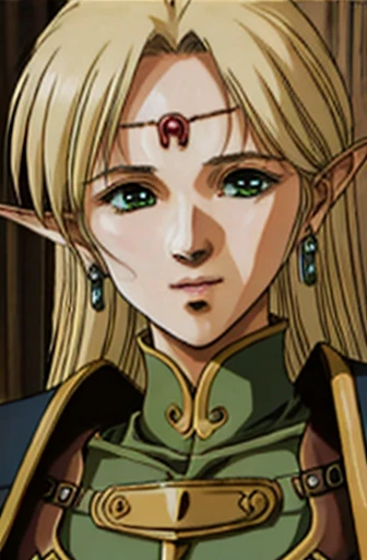 (masterpiece, Best Quality, Very detailed:1.5) , ((portrait, top))Break 1 Girl, Solo Focus,Classic Deedlit, Pointy Ears, Blonde, Long Hair, Elf, Circlet, Green Eyes, long Pointy Ears, very Long Hair, chest, medium chest, Earrings, lips, compensate, bangs, Cape, armor, blue Cape, shoulder armor, Pauldron, gloves, Breastplate, belt, Green Dress, Short dress,