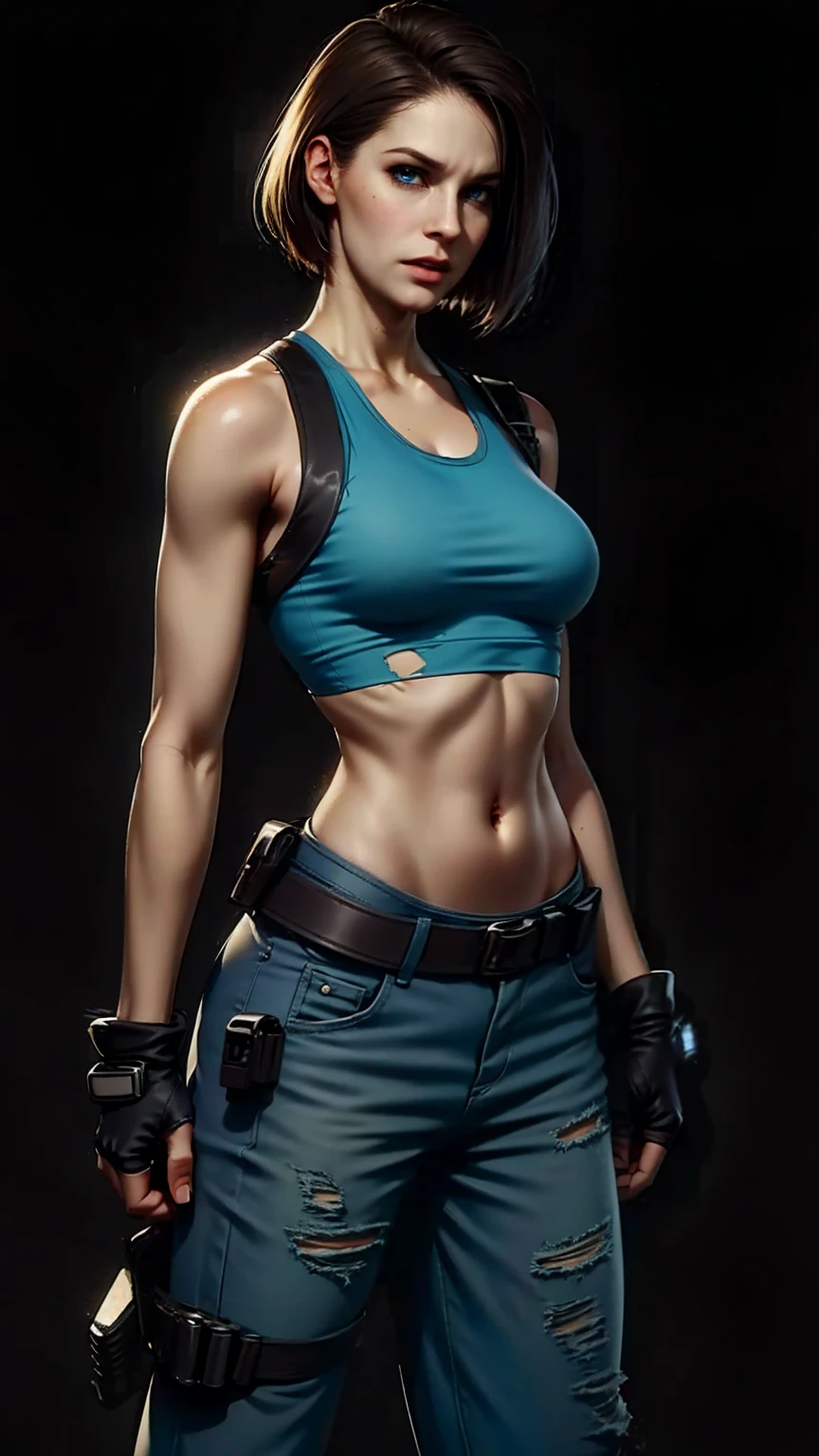 JillValentine, (torn tank top:1.2), small breast, pants, belt, fingerless gloves, shoulder holster, thigh strap, ((wipe hips)), (masterpiece, best quality:1.2), (simple dark background:1.5)
