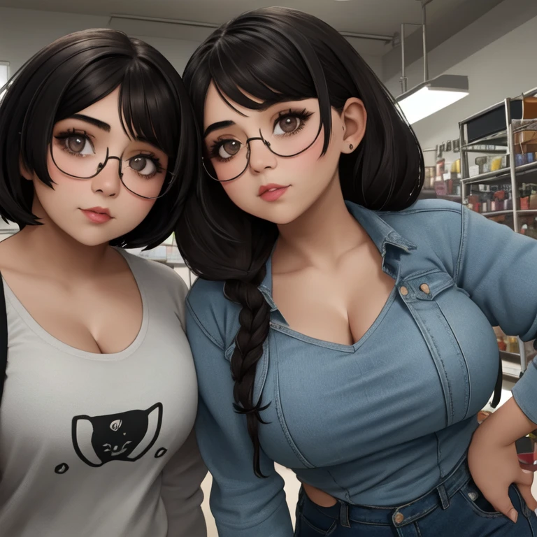 Two cute petite curvy chubby emo sisters, one with short hair and one with long hair, hair covering half face, one wearing glasses, beautiful detailed brown eyes, cutely detailed lips, extremely cute detailed eyes and face, busty, voluptuous breasts, deep cleavage, wide curvy pearshaped hips, thick thighs, v neck sweatshirt tucked in belted jeans, full body, different personalities, masterpiece, photorealistic, 8k, vivid colors, studio lighting, professional, inside an empty abandoned pet store. 