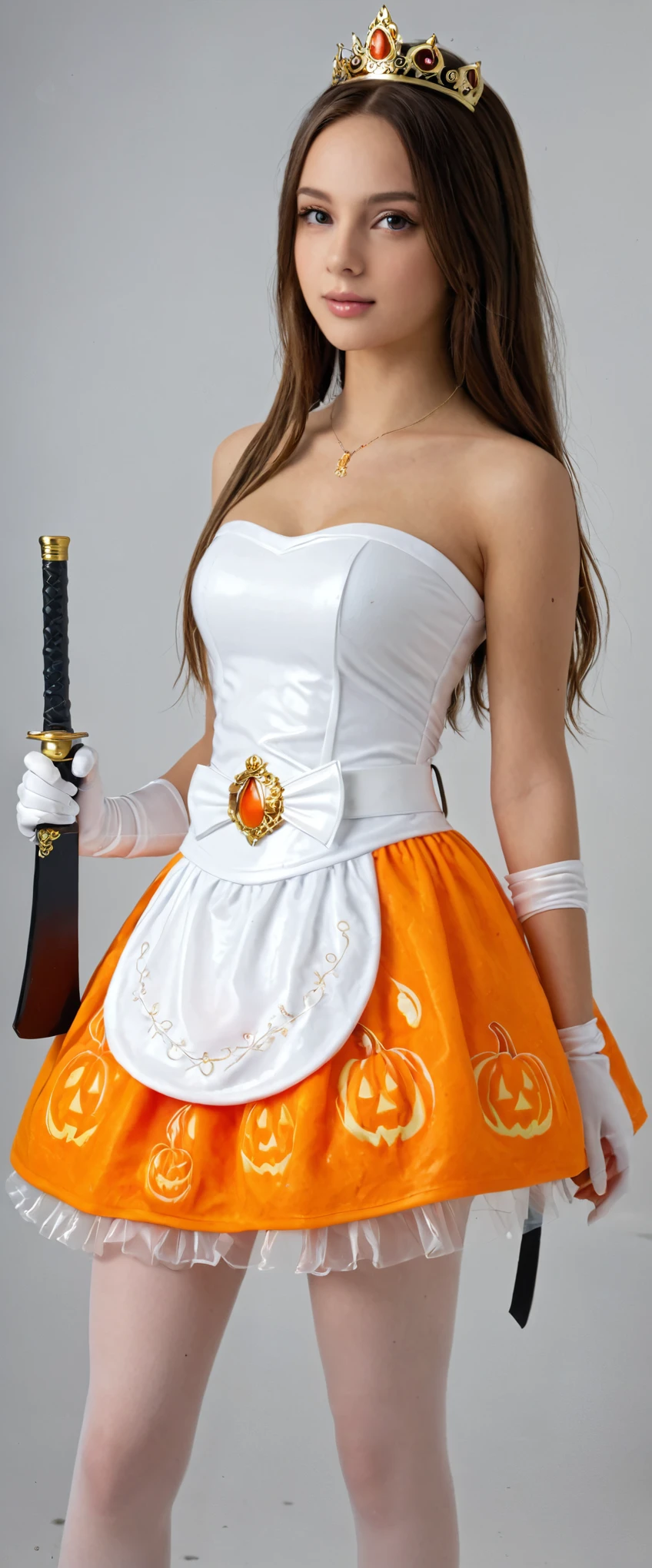 Slimeガール, (Slime), Slimeの髪 ツインの髪型, Pumpkin Orange, White princess dress with weapon belt, masterpiece, Best Quality