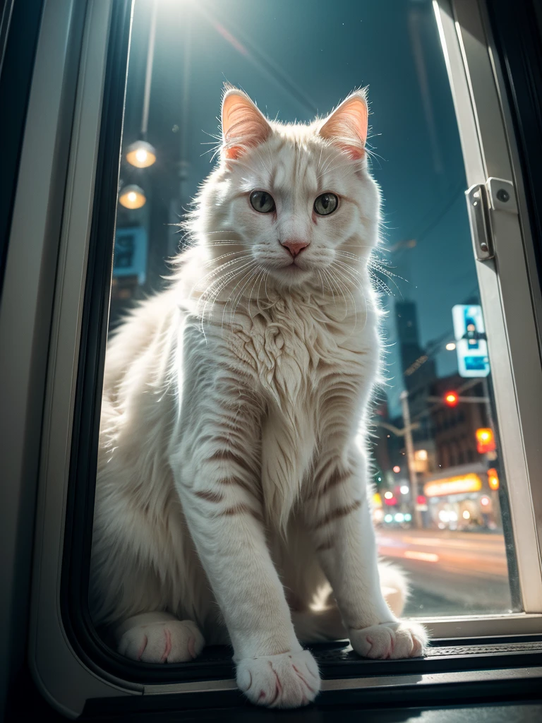 a big white cat travelling by tram with kittens, cityscape, detailed fur texture, photorealistic, 8k, high quality, masterpiece, intricate details, dynamic composition, dramatic lighting, moody atmosphere, vibrant colors, cinematic style