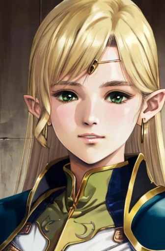 (masterpiece, Best Quality, Very detailed:1.5) , ((portrait, top))Break 1 Girl, Solo Focus,Classic Deedlit, Pointy Ears, Blonde, Long Hair, Elf, Circlet, Green Eyes, long Pointy Ears, very Long Hair, chest, medium chest, Earrings, lips, compensate, bangs, Cape, armor, blue Cape, shoulder armor, Pauldron, gloves, Breastplate, belt, Green Dress, Short dress,