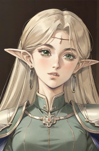 (masterpiece, Best Quality, Very detailed:1.5) , ((portrait, top))Break 1 Girl, Solo Focus,Classic Deedlit, Pointy Ears, Blonde, Long Hair, Elf, Circlet, Green Eyes, long Pointy Ears, very Long Hair, chest, medium chest, Earrings, lips, compensate, bangs, Cape, armor, blue Cape, shoulder armor, Pauldron, gloves, Breastplate, belt, Green Dress, Short dress,