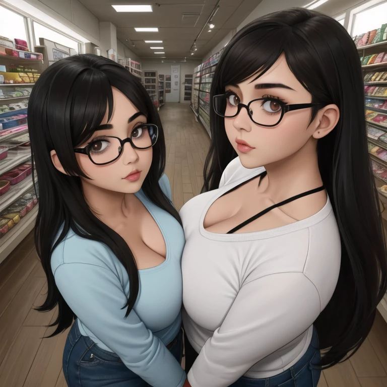 Two cute petite curvy chubby emo sisters, one with short hair and one with long hair, hair covering half face, one wearing glasses, beautiful detailed brown eyes, cutely detailed lips, extremely cute detailed eyes and face, busty, voluptuous breasts, deep cleavage, wide curvy pearshaped hips, thick thighs, v neck sweatshirt tucked in belted jeans, full body, different personalities, masterpiece, photorealistic, 8k, vivid colors, studio lighting, professional, inside an empty abandoned pet store. 