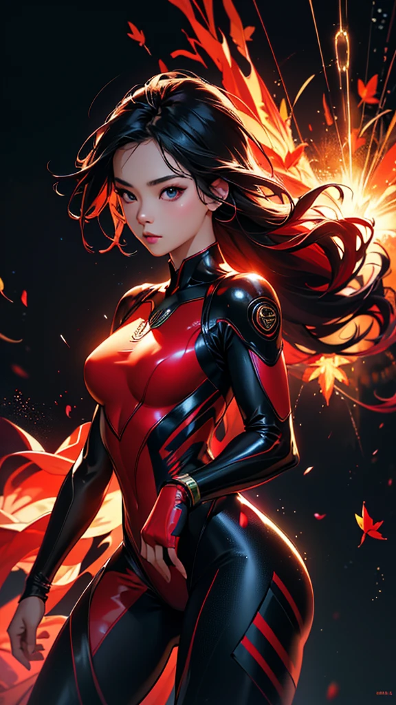 (best quality, masterpiece) ,fantasy art, Hyper realist portrait, 1 beautiful Thai girl,cyberpunk bodysuit, dark galaxy,sparking glitter, dress, particle, wind, leaf flower, upper body, red simple background, looking at viewer, dark crimson red,confidence look, dynamic lighting,full body