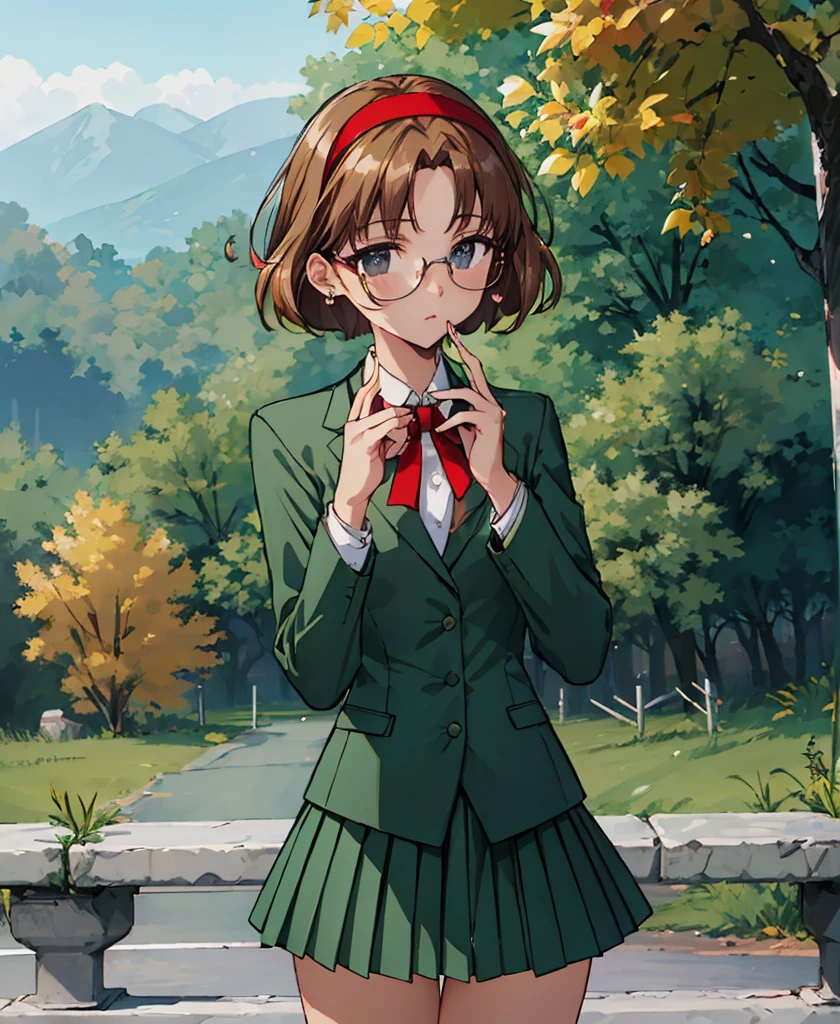 Phoenix Temple,One Girl,short hair,Light brown hair,Glasses,((Red Hairband)),Green blazer,mini skirt,masterpiece,Noise reduction,Perfect Anatomy,High resolution, Very detailed,Game CG,Cowboy Shot ,Attention to beautiful details,Visual Arts,Five fingers, Perfect hands, Perfect lighting,