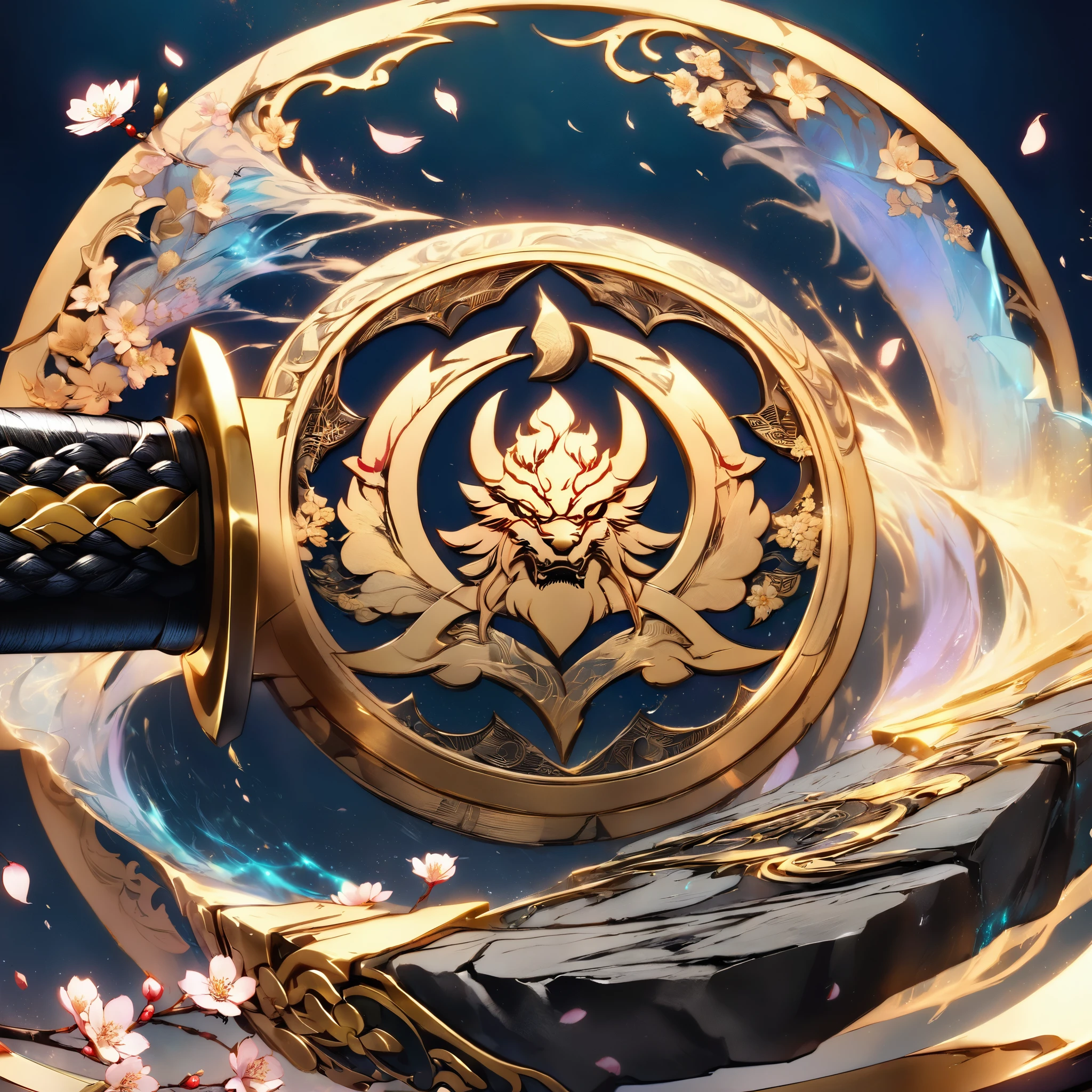 (4k, 8k, ultra-detailed, intricate design, high-res emblem, sharp focus:1.3), (mythical Japanese crest), (samurai clan emblem), inspired by traditional Japanese family crests, featuring a stylized katana crossed with a smithing hammer, both surrounded by swirling wind patterns, (subtle cherry blossom petals:1.2) in the design, representing balance and spiritual power, (engraved metallic texture:1.3) with a weathered look, (golden and black contrast), the katana blade and hammer glowing faintly with an ethereal aura, set within a circular border inspired by the sun and moon, symbolizing harmony between light and darkness, (intricate detailing on the wind motifs:1.3), traditional Japanese calligraphy subtly embedded along the edges, representing the legacy of the immortal blacksmith. The background is a textured stone surface with faint cracks to symbolize the clan's resilience and history. (Masterpiece level of detail), inspired by traditional Japanese family crests and mythology.