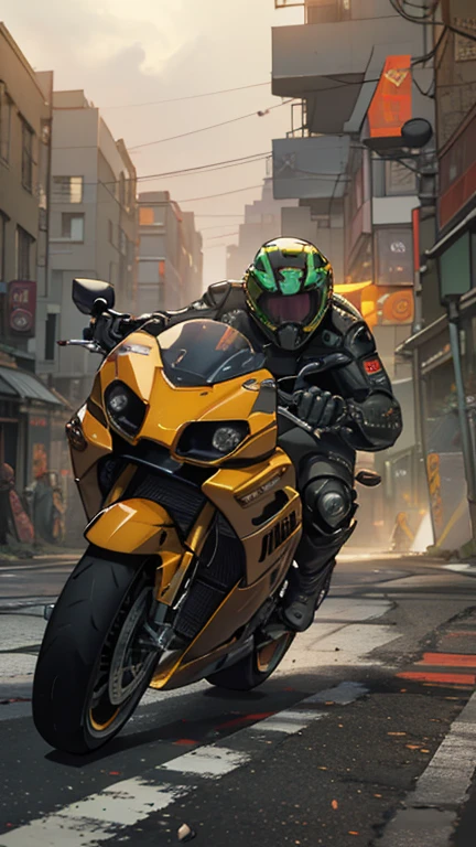 illustrated,cyberpunk, Masterpiece, professional, award-winning, intricate details, ultra high detailed, 64k, volumetric light, dynamic lighting, Movie Aesthetic, action shot, comic book panels by Travis Charest and Phil Noto (colored). Bottom view image of man, professional motorbike rider on road wearing helmet, riding a metalicyellow Ducati Panigale V2 Superbike with high speed around mountains on sunset. Concept of motosport, speed, hobby, journey, activity
