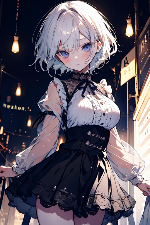 Highest quality 8K resolution,masterpiece, Exquisite detail, Realistic, Realistic, Soft tones,Color Palette, Alone, (26 year old girl:1.6),(Small eyes,Yellow Eyes:1.5), (Short Hair,Twin tails:1.5), Shiny silver hair,Twin tails,Asymmetrical bangs,(No bra), (No sleeve:1.4),Beautiful proportions,Open your mouth,(Shiny white skin),(Detailed and sparkling eyes,Cat Eyes), (Big breasts,Cleavage:1.3), necklace,Earrings,accessories,Cowboy Shot, Are standing, indoor,7 lifespan,Sulky look