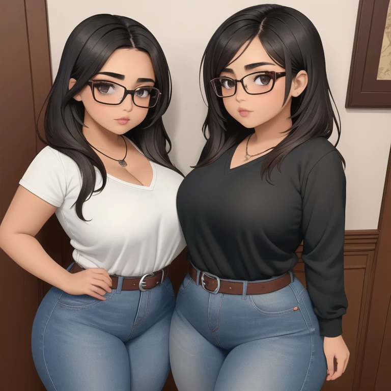 Two cute petite short slightly curvy chubby emo mexican sisters, one with short hair and one with long hair, hair covering half face, one wearing glasses, beautiful detailed brown eyes, cutely detailed lips, extremely cute detailed eyes and face, busty, voluptuous breasts, deep cleavage, wide curvy pearshaped hips, thick thighs, v neck sweatshirt tucked in belted jeans, full body, different personalities, masterpiece, photorealistic, 8k, vivid colors, studio lighting, professional, in there house. 