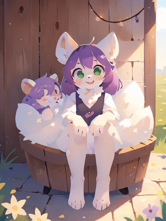 Purple haired goat, Green eyed goat, White goat head girl, happy, Fluffy, furry, Goat&#39;s Ears, Goat Face, Goat Eyes, Goat horns, White furry body, Girl with hoof, Straight hairstyle, Straight hair, Bob Hairstyle, Hime cut hairstyle, Gold Monocle, Inverted joints in hind legs