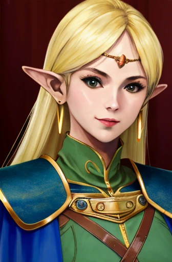 (masterpiece, Best Quality, Very detailed:1.5) , ((portrait, top))Break 1 Girl, Solo Focus,Classic Deedlit, Pointy Ears, Blonde, Long Hair, Elf, Circlet, Green Eyes, long Pointy Ears, very Long Hair, chest, medium chest, Earrings, lips, compensate, bangs, Cape, armor, blue Cape, shoulder armor, Pauldron, gloves, Breastplate, belt, Green Dress, Short dress,