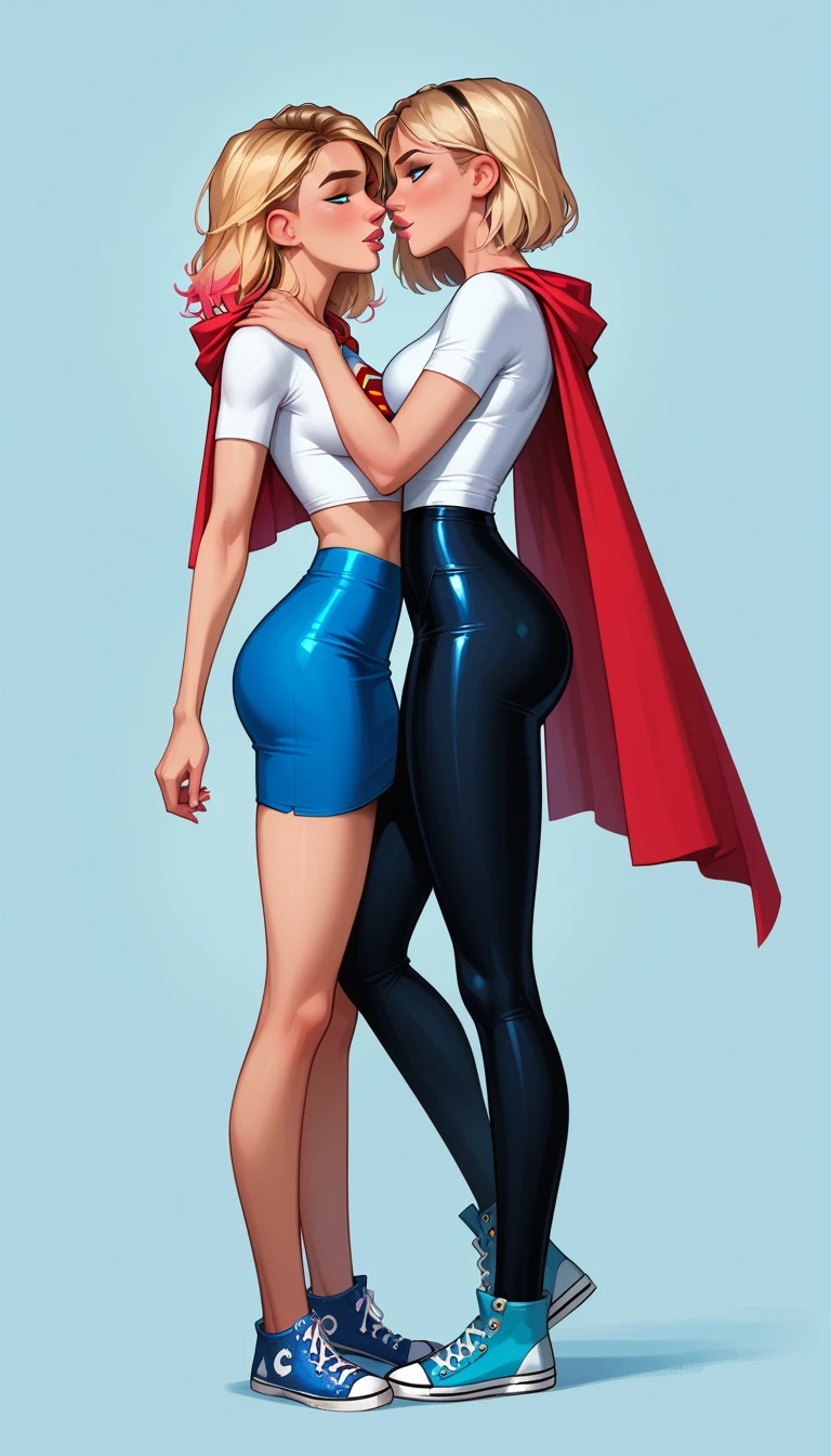 score_9, score_8_up, score_7_up, source_cartoon, 2girls, duo, couple, yuri, (Supergirl, blonde, tight white tshirt, short sleeves, Supergirl emblem, midriff, blue skirt, tight skirt, short skirt, red cape, red boots:1.3) and (short hair Gwen Stacy, blonde, colorful highlights, wearing Spidergwen suit, blue Converse sneakers:1.4), flirt, gaze, sexy look, half-closed eyes, filled lips, thick lips, makeup, side view, (full bodies in view), expressiveh d4rk01l, perfect hands, perfect proportions, simple background.