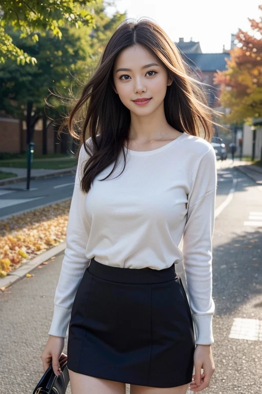 (masutepiece), (Best Quality), Realistic, Photorealism, 1girl, Beautiful woman, Perfect face, Perfect body、(Fashionable autumn clothes) , light smile, medium breast, Wave, Early morning sunlight, Her skirt flutters in the north wind, realistic skin textures、high-level image quality、hight resolution、realistic、