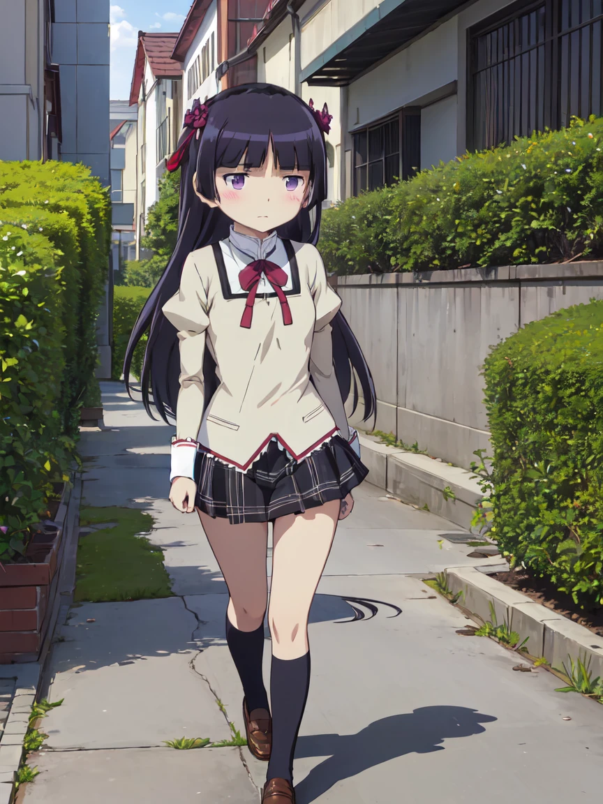 (ruri gokou), 1 Female, solo, ((mitakihara school uniform)), (red bow), Hime cut, Black Hair, Long Hair, mole, blush, garden, full body