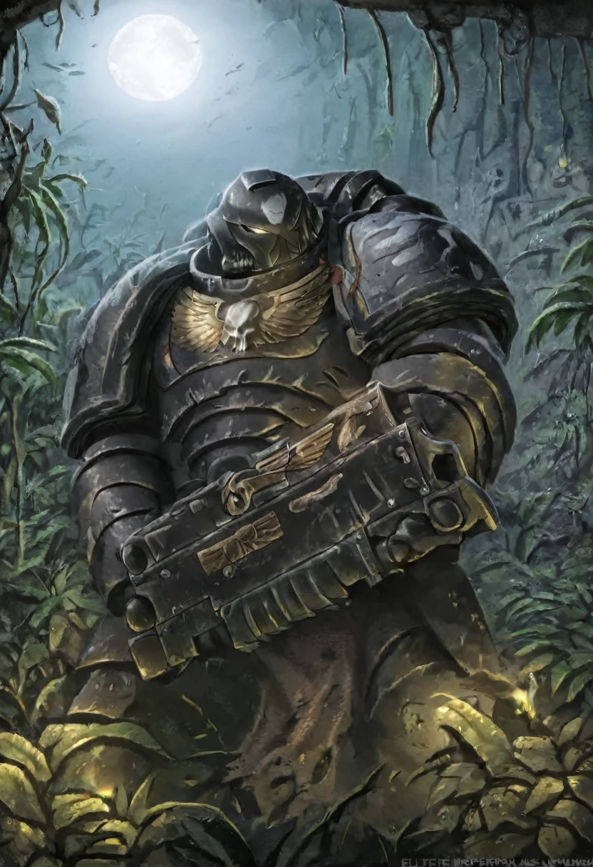 ravens guard,  elite imperial punisher shoots in the jungle, holding a rifle, wear detailed (Full armor:1.2), raven helmet, science fiction scene, a ruined castle in the distance, moonlight,    