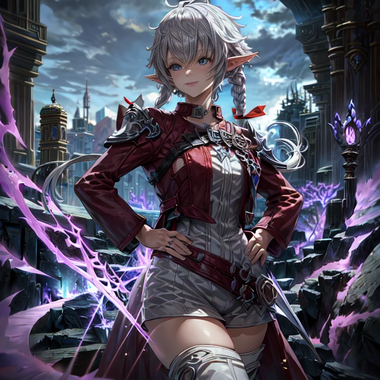  (1girl:1.4),elf ,pointy ears,  Solo, mature woman, pixel art, thicker lines, blue_eyes,(grey hair: 1.2), braided  , hair between eye's,  beautiful breasts, fair skin, wearing (( Final fantasy Xiv costume, high heel boots)), dramatic, hands on hip, smiling for the camera, looking at viewer, Gothic city background, scenery, night,stars, full moon , full body design, Top-quality of the best, anime style, color fix, (masterpiece:1.2), ( Best quality:1.2), absurdres,, unity dynamism, full_body artwork, detailed background, detailed eyes, detailed face, detailed hair, professional, (cowboy shot), ( anime aesthetic:1.4), ( Hyperrealistic Style) , CG, game character, --niji 6 --Stylize 200.