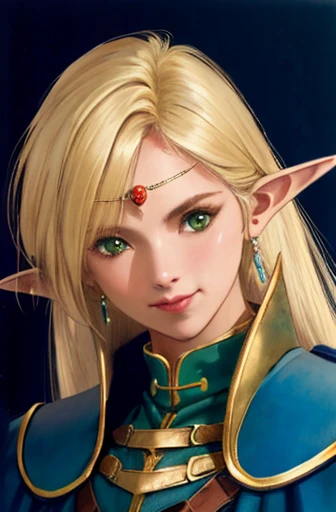 (masterpiece, Best Quality, Very detailed:1.5) , ((portrait, top))Break 1 Girl, Solo Focus,Classic Deedlit, Pointy Ears, Blonde, Long Hair, Elf, Circlet, Green Eyes, long Pointy Ears, very Long Hair, chest, medium chest, Earrings, lips, compensate, bangs, Cape, armor, blue Cape, shoulder armor, Pauldron, gloves, Breastplate, belt, Green Dress, Short dress,