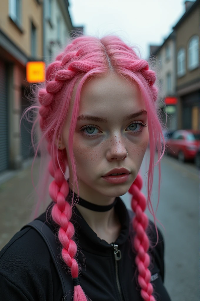(Realisttic:1.2), analog photo style, Beautiful young woman, posing, with freckles and long pink hair braided, (cyberpunk dark fantasy atmosphere), soft natural light, cute and sexy, great quality, Masterpiece, detailed strange background, better performance, 16k quality, RAW photo, in a street, cyberpunk street