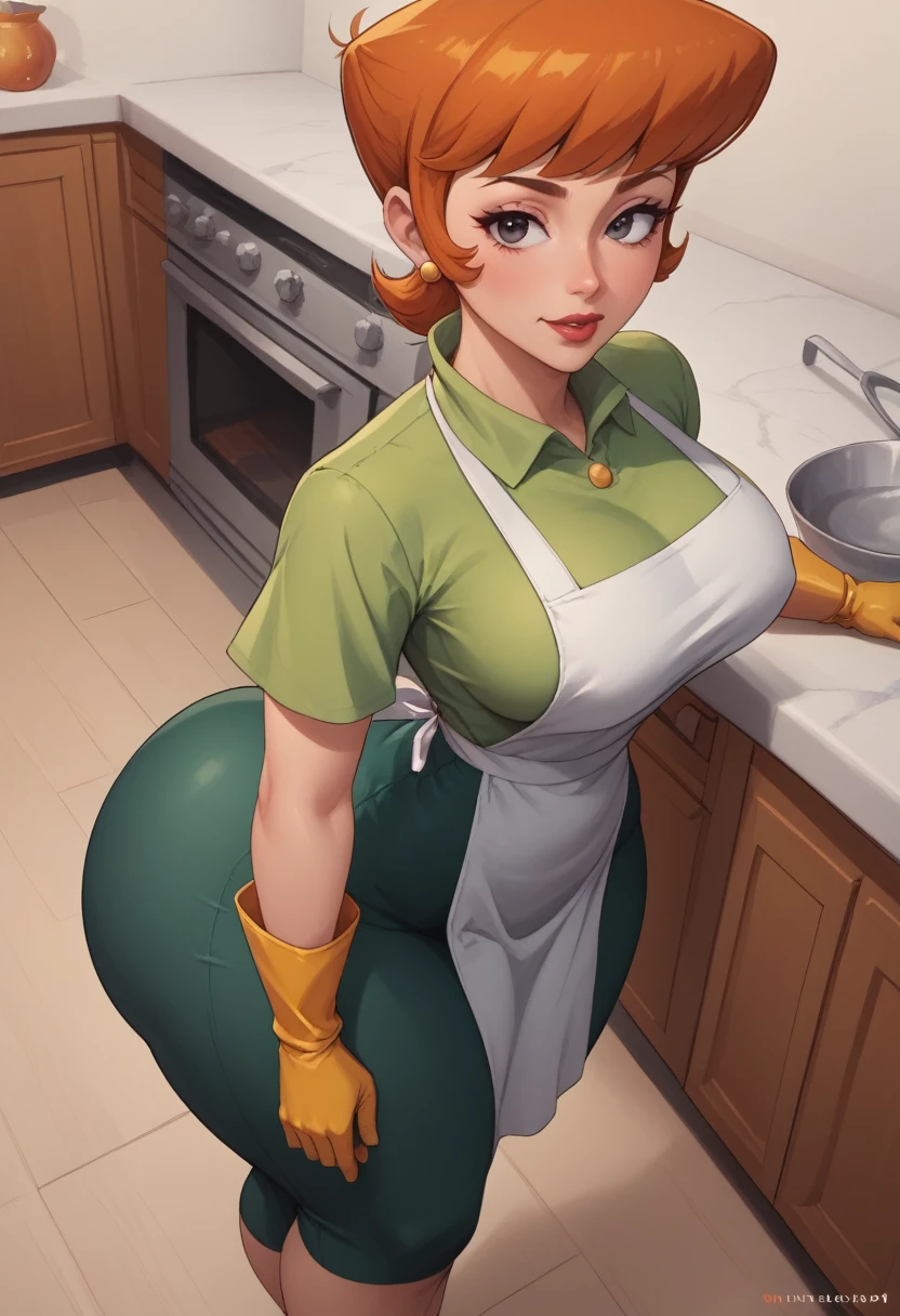 score_9, score_8_above, score_7_above, BREAK, 1 girl, Alone, breasts,  mom dexter, makeabove, jewelry, Gloves, shirt, apron, kitchen, aboveper body, portrait, mature woman, simple background, thick thighs, Wide hips, big ass, showing the crack of the ass slightly, showing big butt, to crouch,