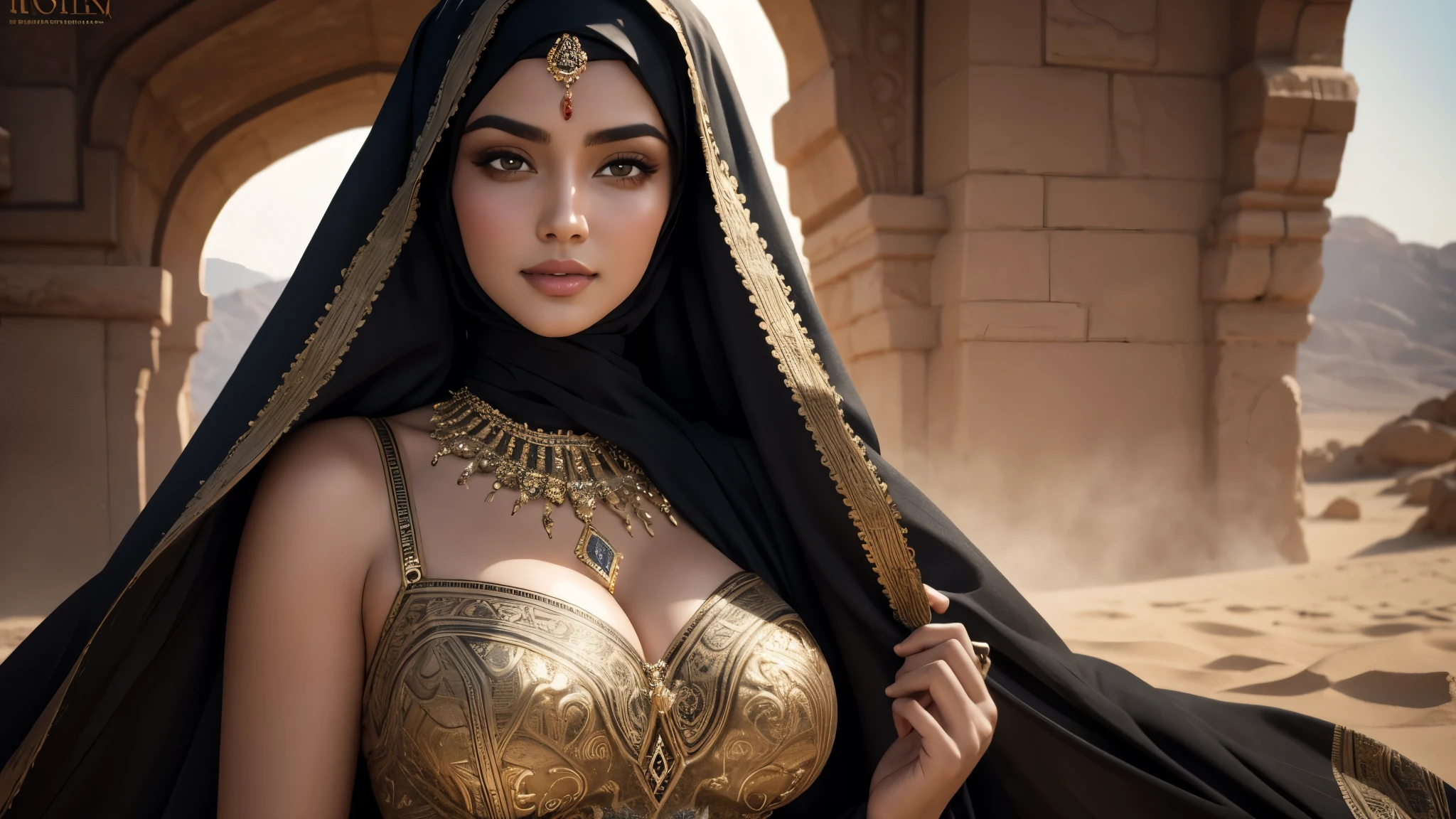 (best quality,4k,8k,highres,masterpiece:1.2),ultra-detailed,(realistic,photorealistic,photo-realistic:1.37),very beautiful sexy girl, big boobs, sexy arabic descendant, rich women, statuesque figure, intricate black hijab and abaya, detailed fingers, desert background, wind gust, subtle smile, oil painting, portraits, vivid colors, warm color tones, soft lighting.
