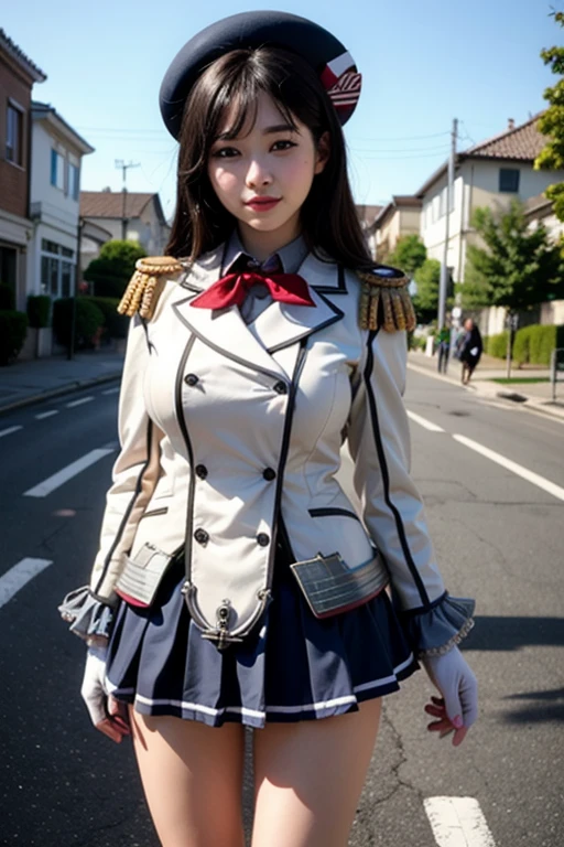 1 girl, Alone, Black Hair, Big Breasts, 
Casicos, beret, White gloves, mini skirt, Knee-length,
Outdoor,