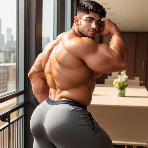 a Pakistani twink with a big erection is standing in a bathroom, muscular men, strong masculine features, attractive chav man, muscular build, muscular male, muscular man, very brown skinned, portrait of muscular, 34 years old, big wide broad strong physique, chiseled muscles, exaggerated muscle physique, portrait of a muscular male 