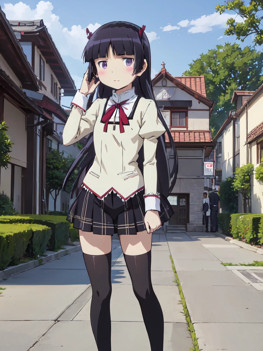 (ruri gokou), 1 Female, solo, ((mitakihara school uniform)), (red bow), Over the knee socks, Hime cut, Black Hair, Long Hair, mole, blush, garden, full body