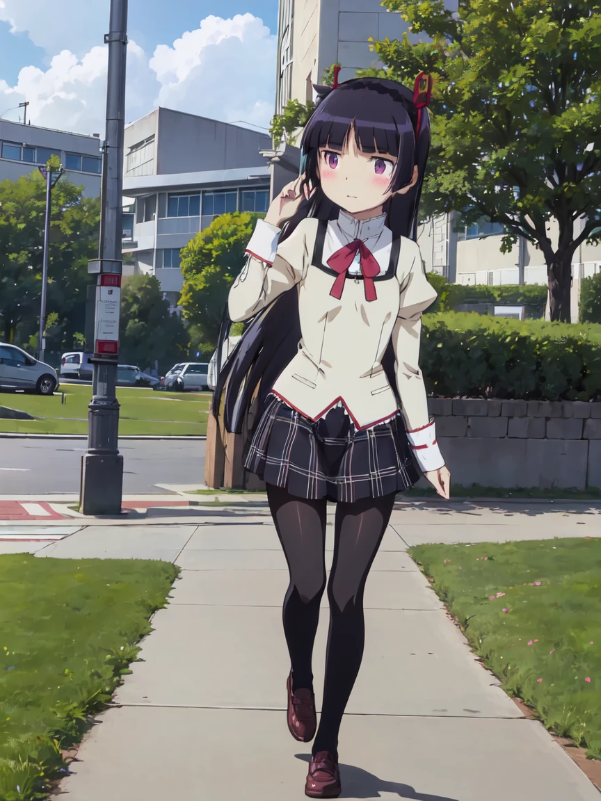 (ruri gokou), 1 Female, solo, ((mitakihara school uniform)), (red bow), White over-the-knee socks, Hime cut, Black Hair, Long Hair, mole, blush, garden, full body